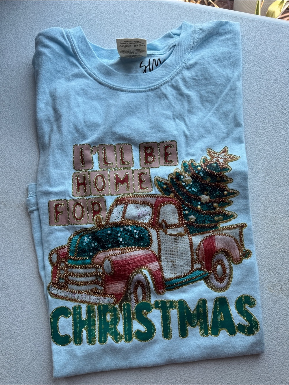 Comfort Colors Light Blue Holiday Truck Tee with Sequined Tree